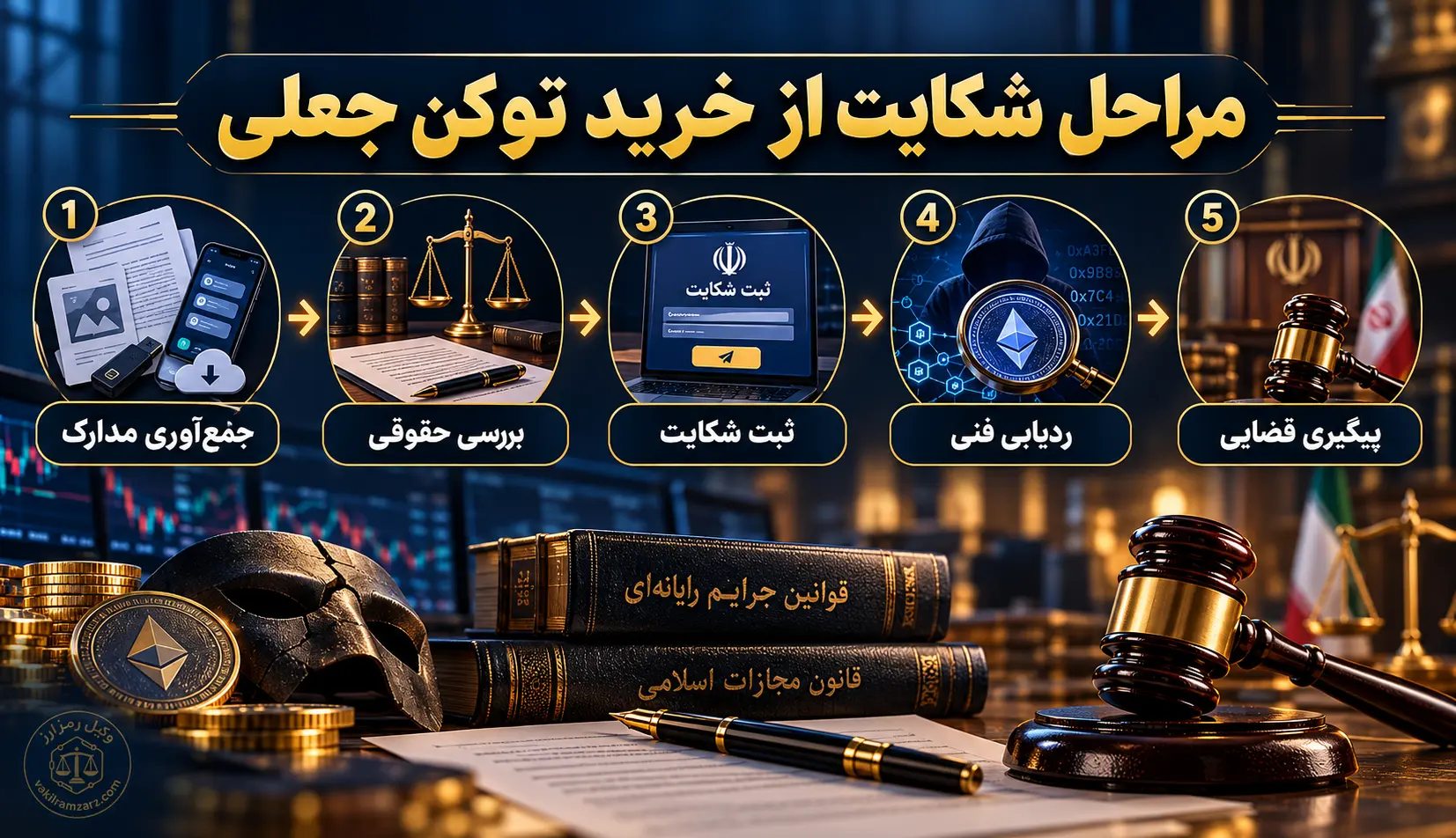 مراحل شکایت از خرید توکن جعلی در ایران مسیر تصویری جمعآوری مدارک، بررسی حقوقی، ثبت شکایت، ردیابی فنی و پیگیری قضایی خرید توکن جعلی