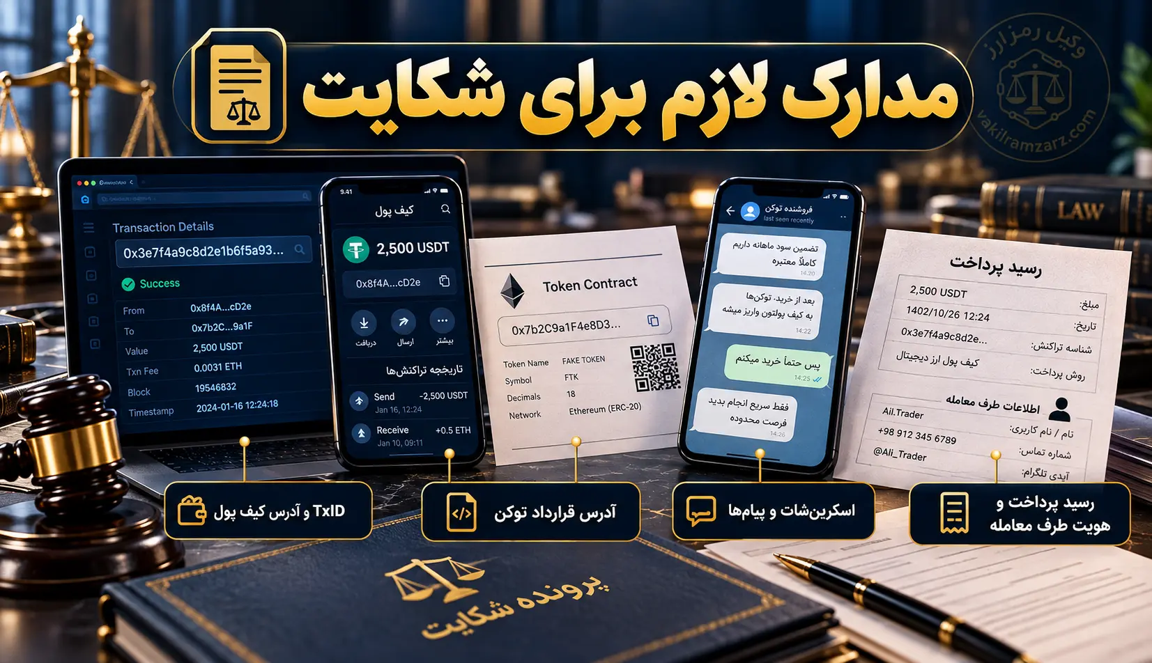 مدارک لازم برای شکایت از خرید ارز دیجیتال تقلبی مجموعه مدارک پرونده توکن جعلی شامل TxID، آدرس کیف پول و قرارداد، رسید پرداخت، اسکرینشات و پیامهای فروشنده